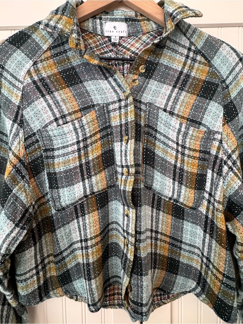 True Craft Cropped Teal, Mustard and Black Plaid Button Shirt - Size Small - Picture 4 of 5